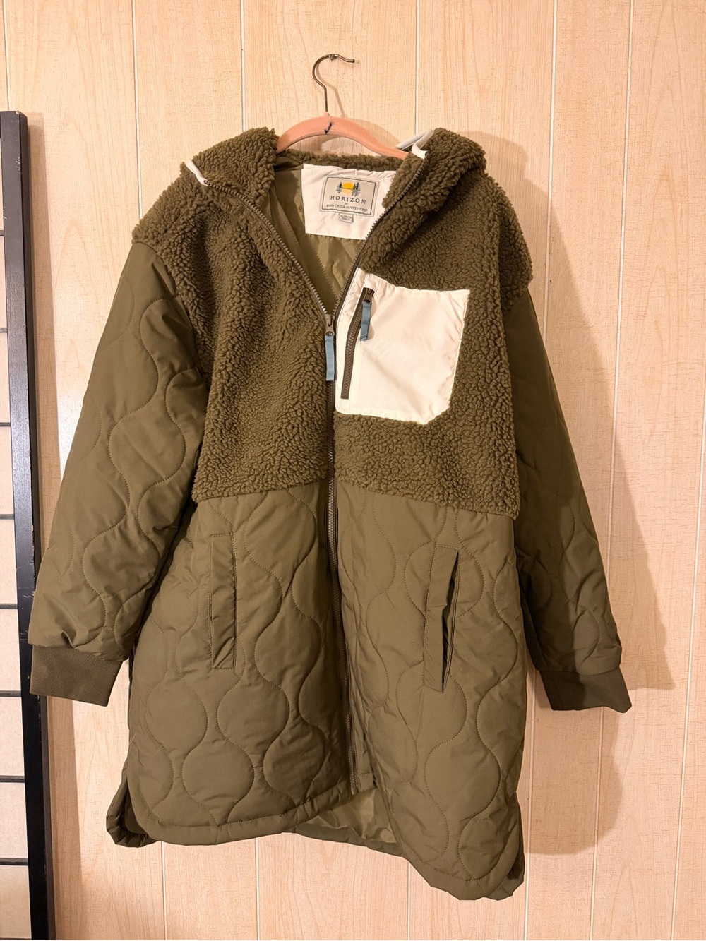 Horizon Olive Quilted & Sherpa Hooded Puffer Coat